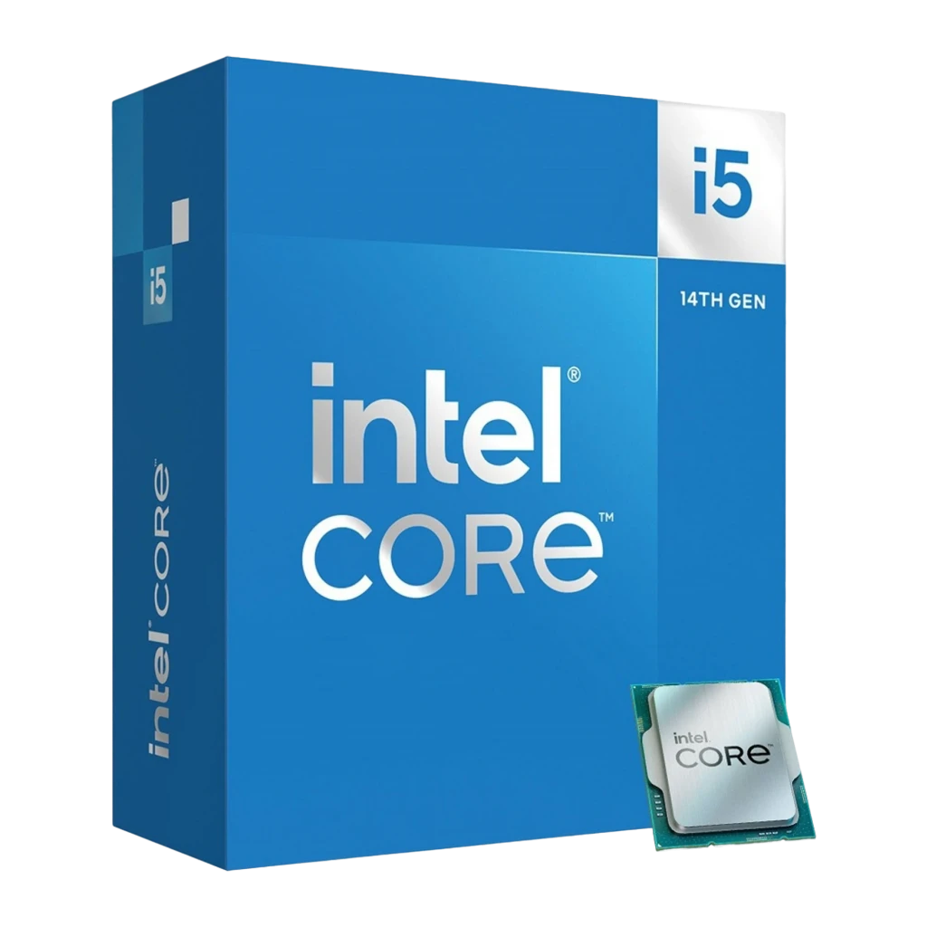 Intel Core i5-14400F, caja y procesador: packaging azul 14th Gen con chip Intel Core en primer plano