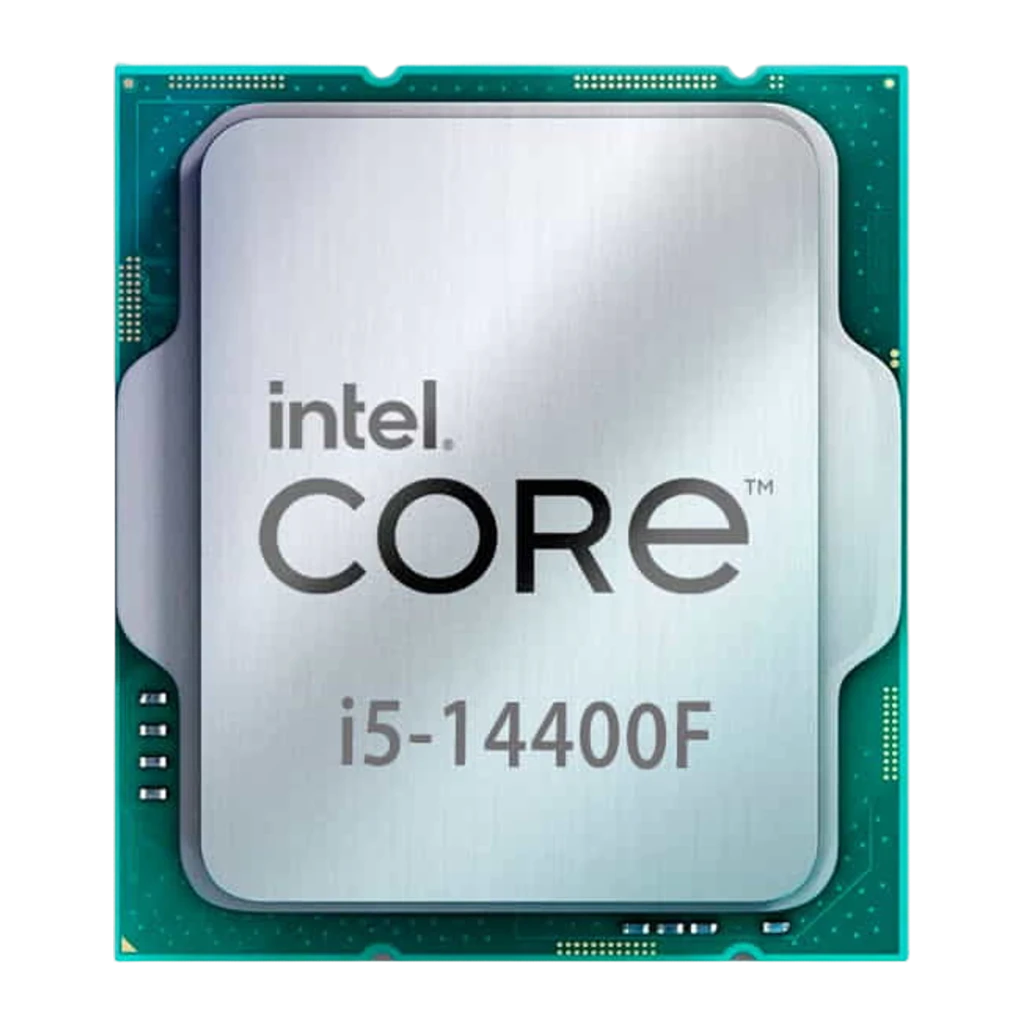 Intel Core i5-14400F, vista frontal: IHS plateado con logotipo Intel Core i5-14400F sobre PCB verde