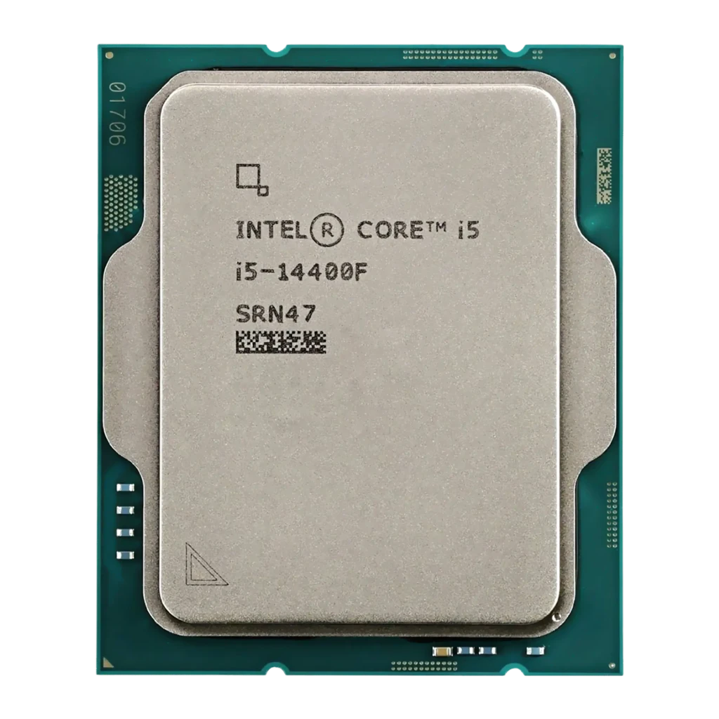 Intel Core i5-14400F, vista superior: IHS gris mate con número de serie SRN47 y PCB verde visible