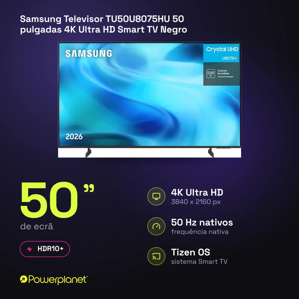 Televisor Samsung TU50U8075HU 50 pulgadas con panel LED Crystal UHD 4K, HDR10+, frecuencia 50 Hz y sistema Tizen OS, biseles finos en color negro
