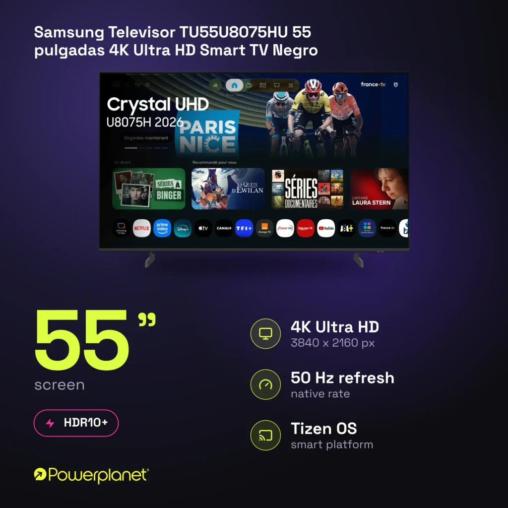Televisor Samsung TU55U8075HU de 55 pulgadas con pantalla LED Crystal UHD 4K, biseles delgados, HDR10+, patas laterales y sistema Smart TV Tizen OS