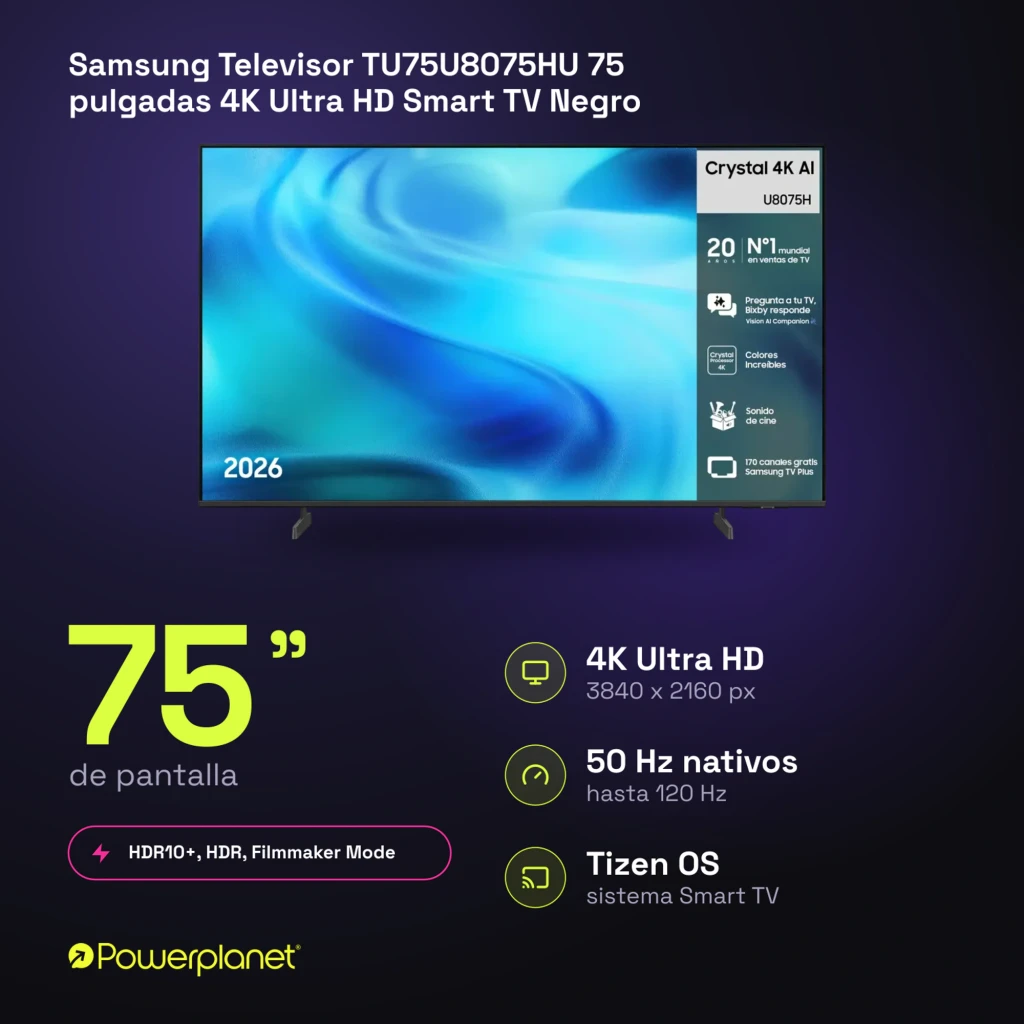 Televisor Samsung TU75U8075HU 75 pulgadas con panel LED Crystal UHD 4K, HDR10+ y Tizen OS; marcos delgados, peanas laterales y pantalla de 3840x2160 px