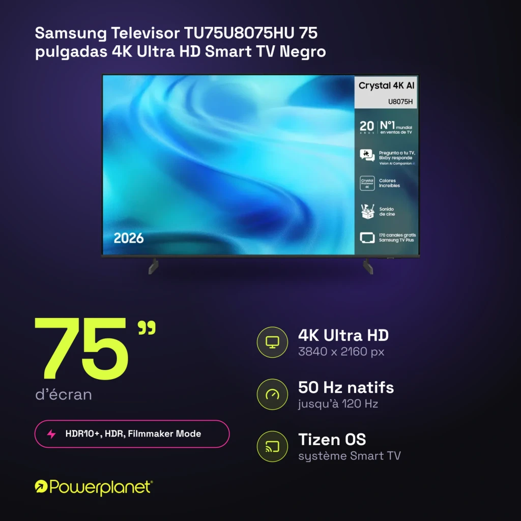 Televisor Samsung TU75U8075HU 75 pulgadas LED Crystal UHD 4K con biseles finos, peana doble, HDR10+ y Tizen OS; panel 3840x2160 a 50 Hz y modos Filmmaker