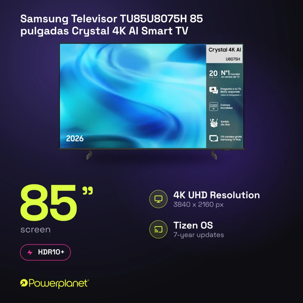 Televisor Samsung TU85U8075HU 85 pulgadas con pantalla LED Crystal UHD 4K, HDR10+, biseles finos y Tizen OS para una imagen nítida y fluida