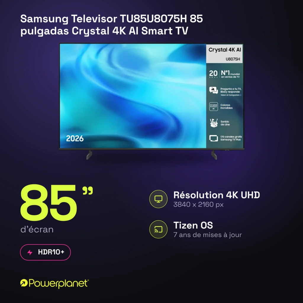 Televisor Samsung TU85U8075HU 85 pulgadas con pantalla LED Crystal UHD 4K, biseles finos, HDR10+ y Tizen OS; imagen nítida y colores vivos