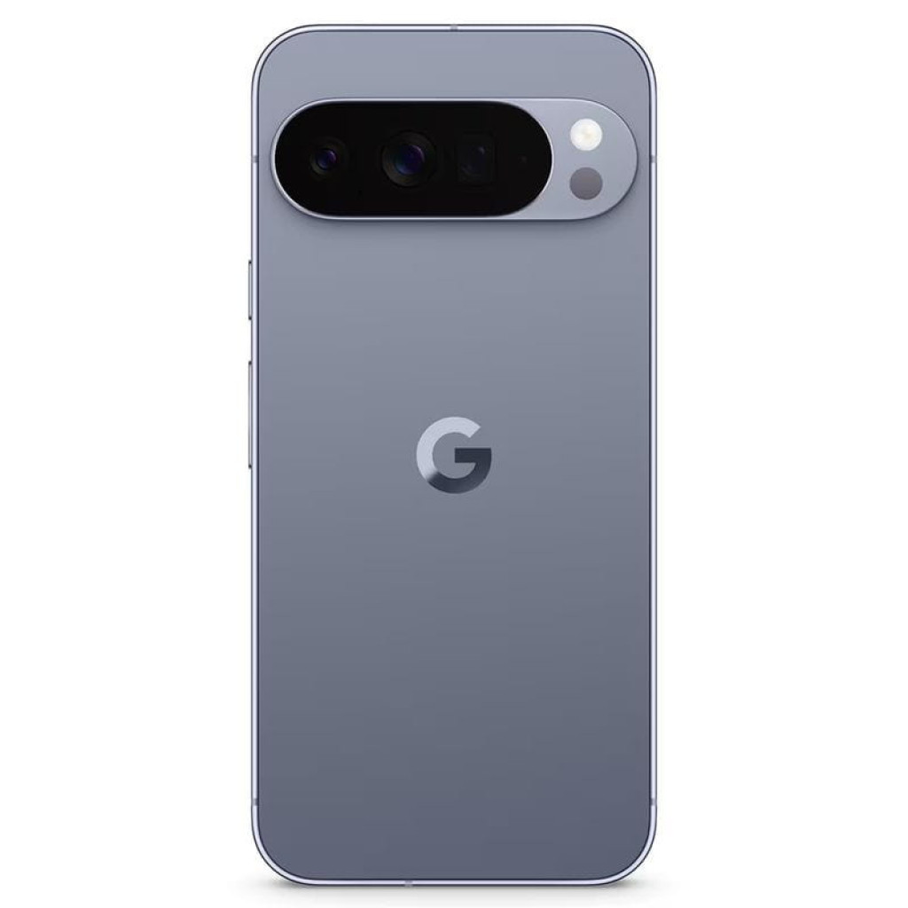 Trasera color piedra lunar con módulo de cámara horizontal triple, flash y sensor; logo G centrado, bordes planos metálicos y acabado renovado excelente