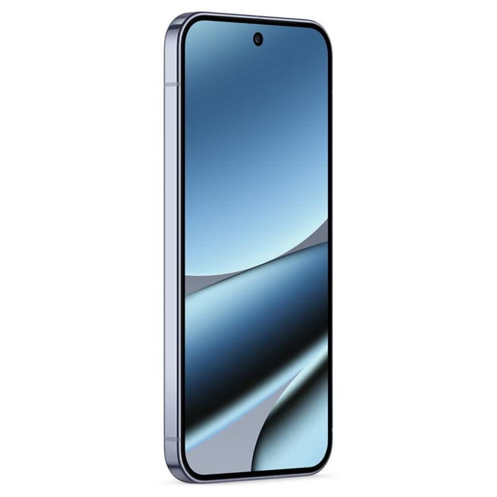 Smartphone gris Piedra Lunar con pantalla casi sin bordes, agujero frontal centrado, marco metálico recto y acabado pulido; estilo premium y delgado