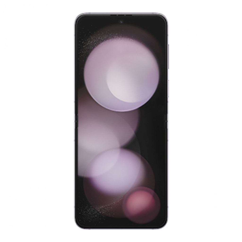 Pantalla principal del Samsung Galaxy Z Flip5 5G, panel plegable con bordes finos y fondo con esferas lavanda; modelo 8GB/256GB renovado en buen estado