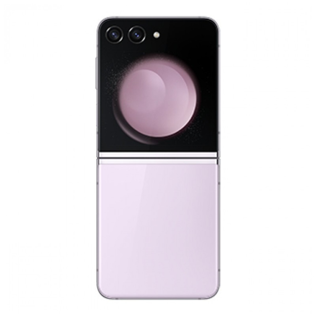 Samsung Galaxy Z Flip5 5G lavanda renovado, plegable con bisagra central, doble cámara trasera y pantalla externa circular con fondo rosado.