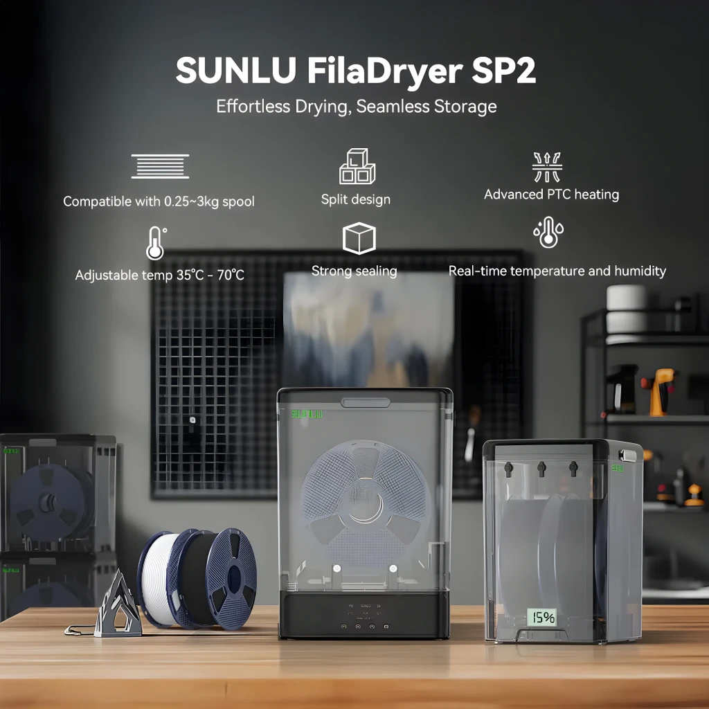 Secador de filamento Sunlu FilaDryer SP2: caja transparente con carrete visible, pantalla LED de temperatura y humedad, diseño dividido, sellado fuerte y 200W