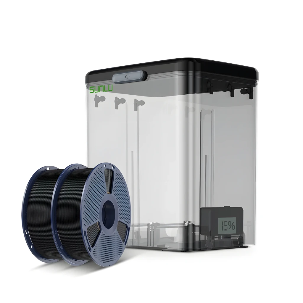 Secador Sunlu FilaDryer SP2 con carcasa transparente, tapa negra y pantalla digital; incluye dos bobinas de filamento negro junto al equipo