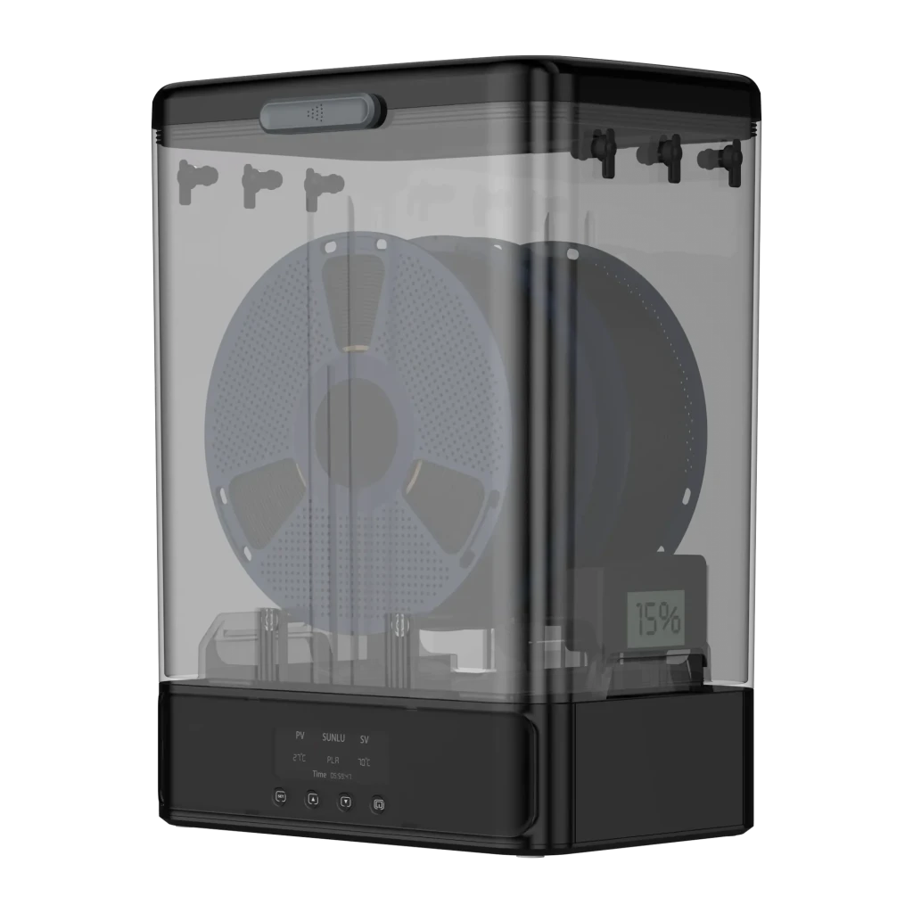 Caja secadora negra con tapa transparente, carrete de filamento visible, panel frontal con botones y pantalla digital de humedad, soportes internos y diseño