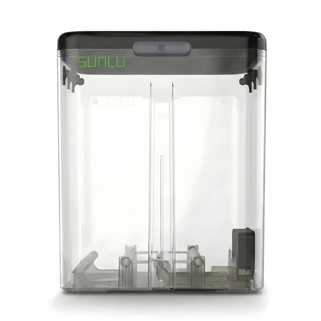 Secador de Filamento Sunlu FilaDryer SP2 con carcasa transparente, tapa negra, visor frontal y base para bobinas, diseño vertical compacto y moderno