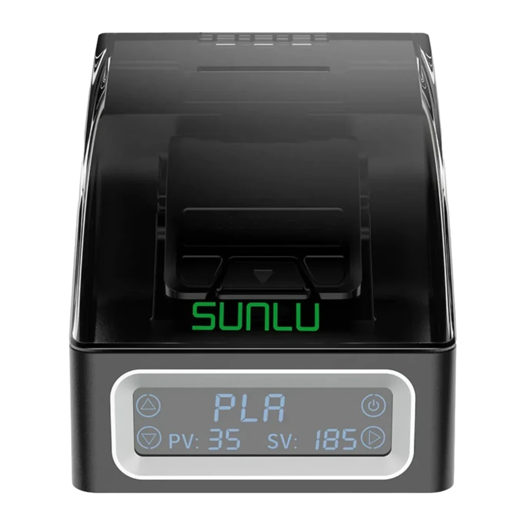 Conector de filamento SUNLU FC01 con cubierta transparente, pantalla frontal con indicador PLA y controles táctiles, diseño compacto en negro con logo verde