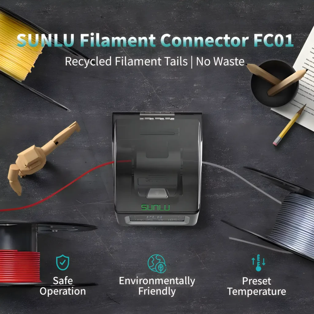 Conector de filamento SUNLU Filament Connector FC01 compacto con tapa translúcida, guía para hilos rojo y gris, controles frontales y base estable