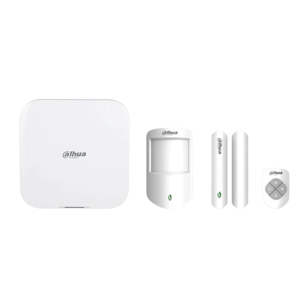 DAHUA-4735 Kit de alarma por radio con hub blanco, sensor PIR con LED, contacto magnético para puerta y mando a distancia; incluye WiFi y verificación por