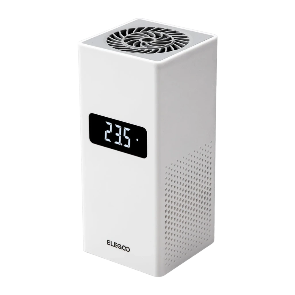 Calefactor Elegoo Mini Heater 120W PTC Control Inteligente, compacto en color blanco, pantalla digital 23.5, rejilla superior en espiral y laterales perforados