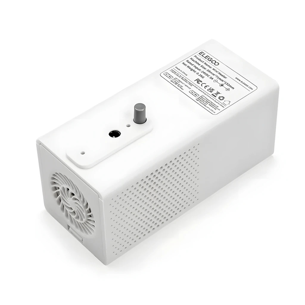 Calefactor Elegoo Mini Heater 120W PTC con carcasa blanca, rejilla lateral de ventilación, ventilador frontal y perilla de control superior con indicador LED