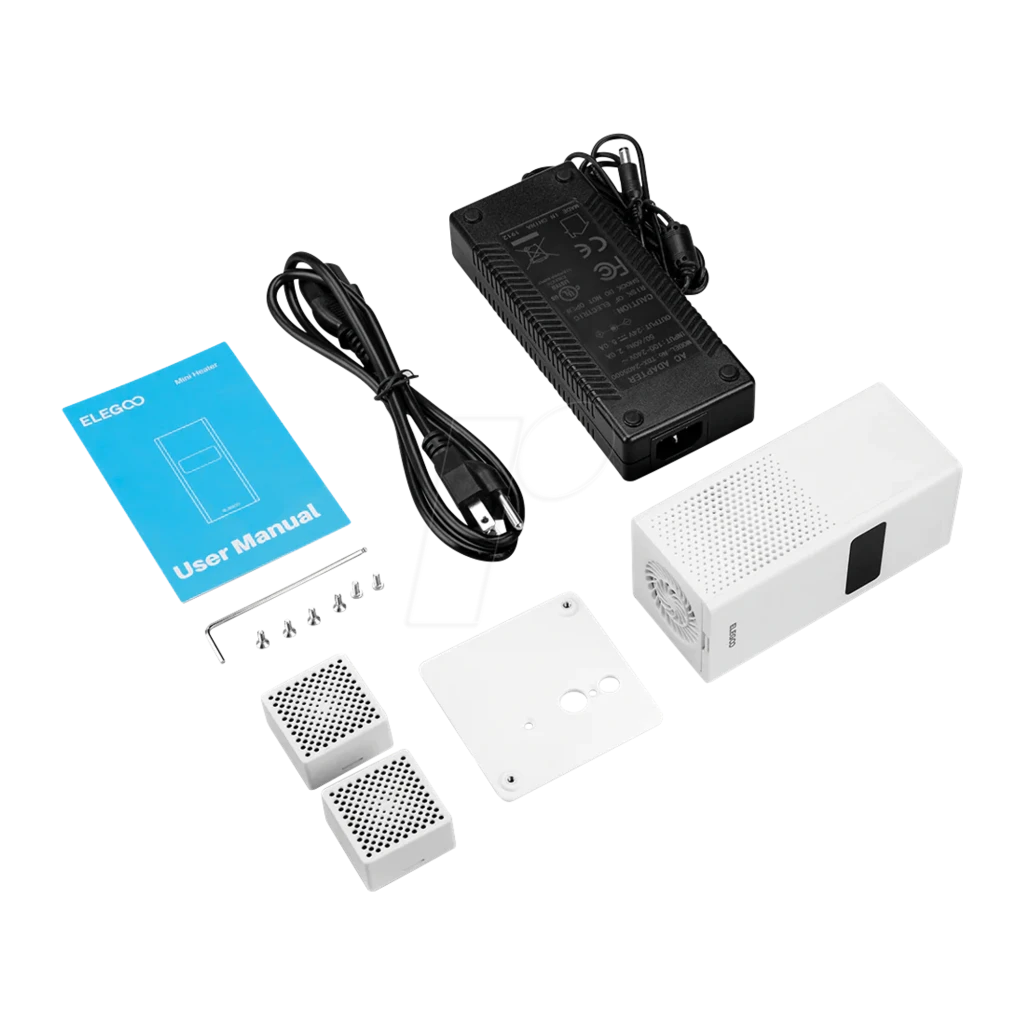 Calefactor Elegoo Mini Heater 120W PTC con carcasa blanca, rejillas intercambiables, pantalla lateral, fuente de poder, cable, tapa, tornillos y manual