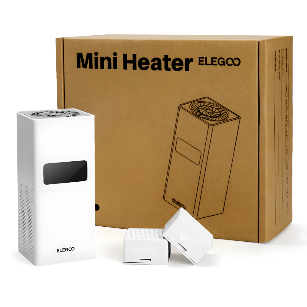 Calefactor Elegoo Mini Heater 120W PTC Control Inteligente blanco, compacto, rejilla superior, pantalla frontal negra, laterales perforados y caja de cartón