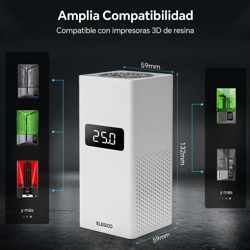 Calefactor Elegoo Mini Heater 120W PTC con pantalla digital 25.0, diseño compacto 59x59x132 mm, rejillas laterales y superior, compatible con impresoras 3D