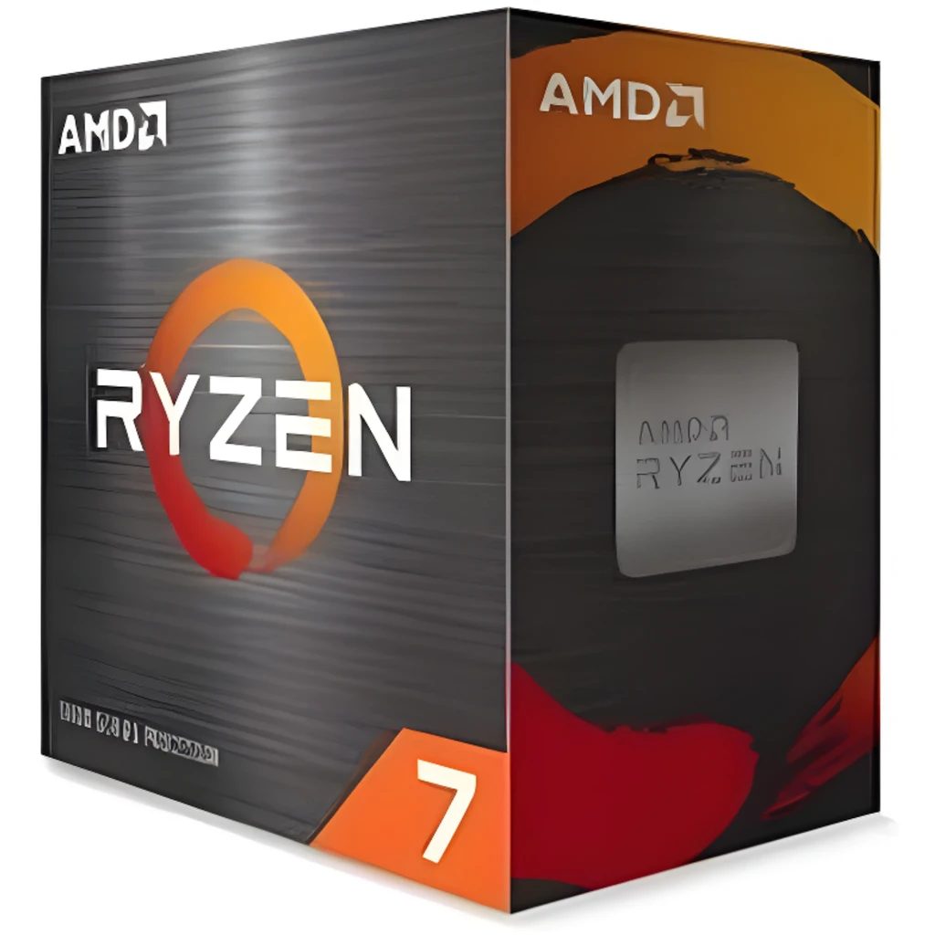 AMD Ryzen 7 5700G Socket AM4, caja en ángulo: packaging gris con logo naranja Ryzen 7 y procesador visible en lateral