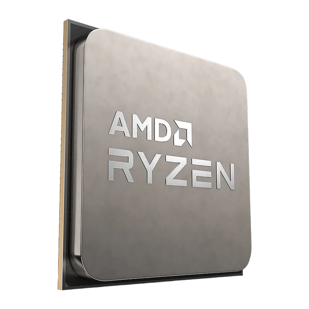 AMD Ryzen 7 5700G Socket AM4, vista en ángulo lateral: IHS plateado con logo AMD Ryzen grabado y borde dorado visible