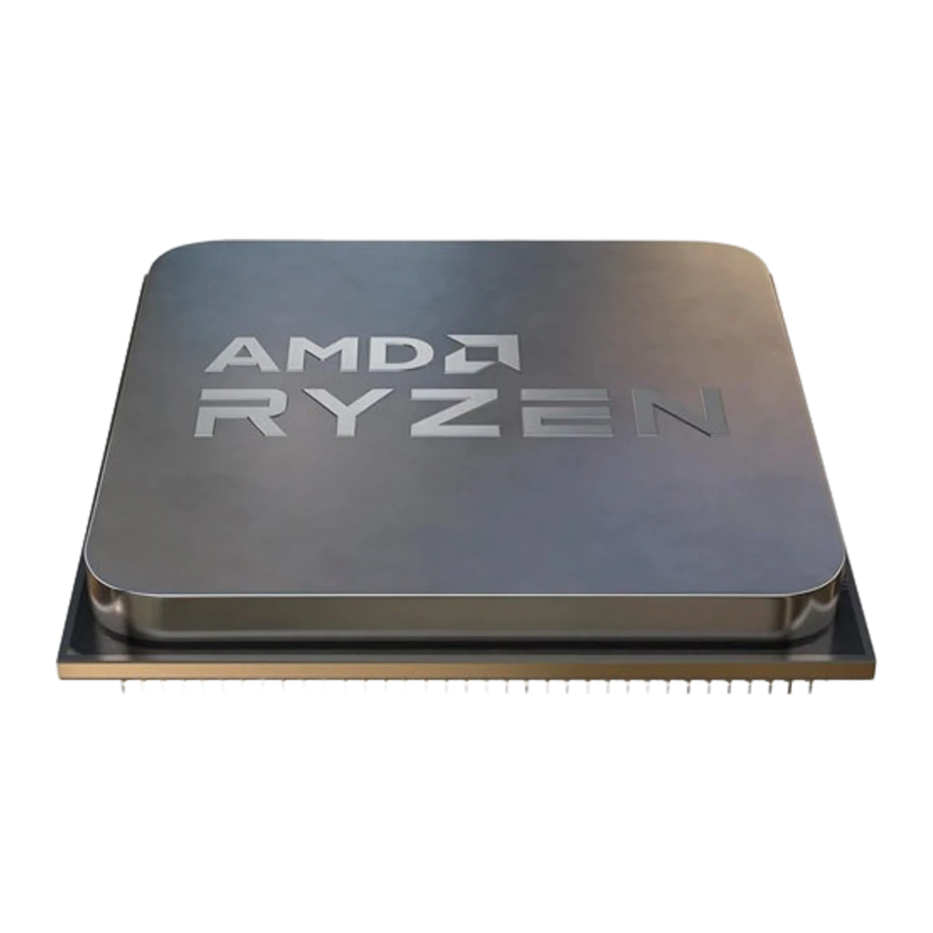 AMD Ryzen 7 5700G Socket AM4, vista frontal baja: IHS gris con logo AMD Ryzen y base dorada con contactos AM4