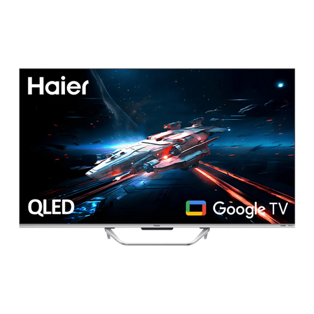 Televisor Haier H65Q800UX de 65 pulgadas con pantalla QLED 4K, 120Hz, biseles finos y soporte central; interfaz Google TV y puertos HDMI 2.1 visibles en