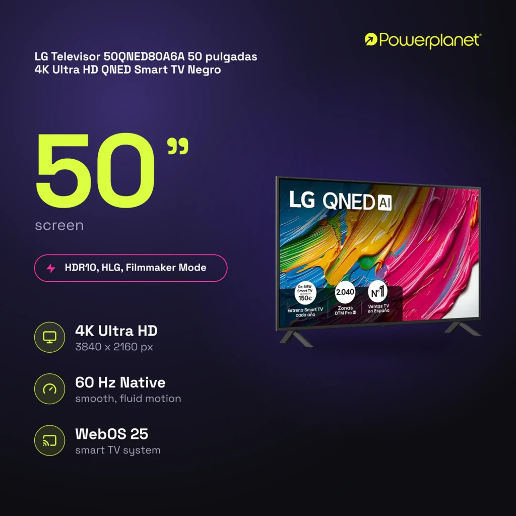 Televisor LG 50QNED80A6A de 50 pulgadas con panel QNED 4K, HDR10, HLG, 60 Hz, WebOS 25 y diseño delgado con biseles finos y base metálica elegante