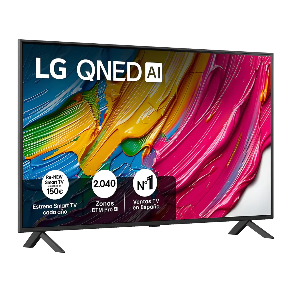 Televisor LG 43QNED80A6A de 43 pulgadas con panel QNED 4K, biseles delgados, peana doble, colores vivos y WebOS 25; frecuencia de actualización 60Hz