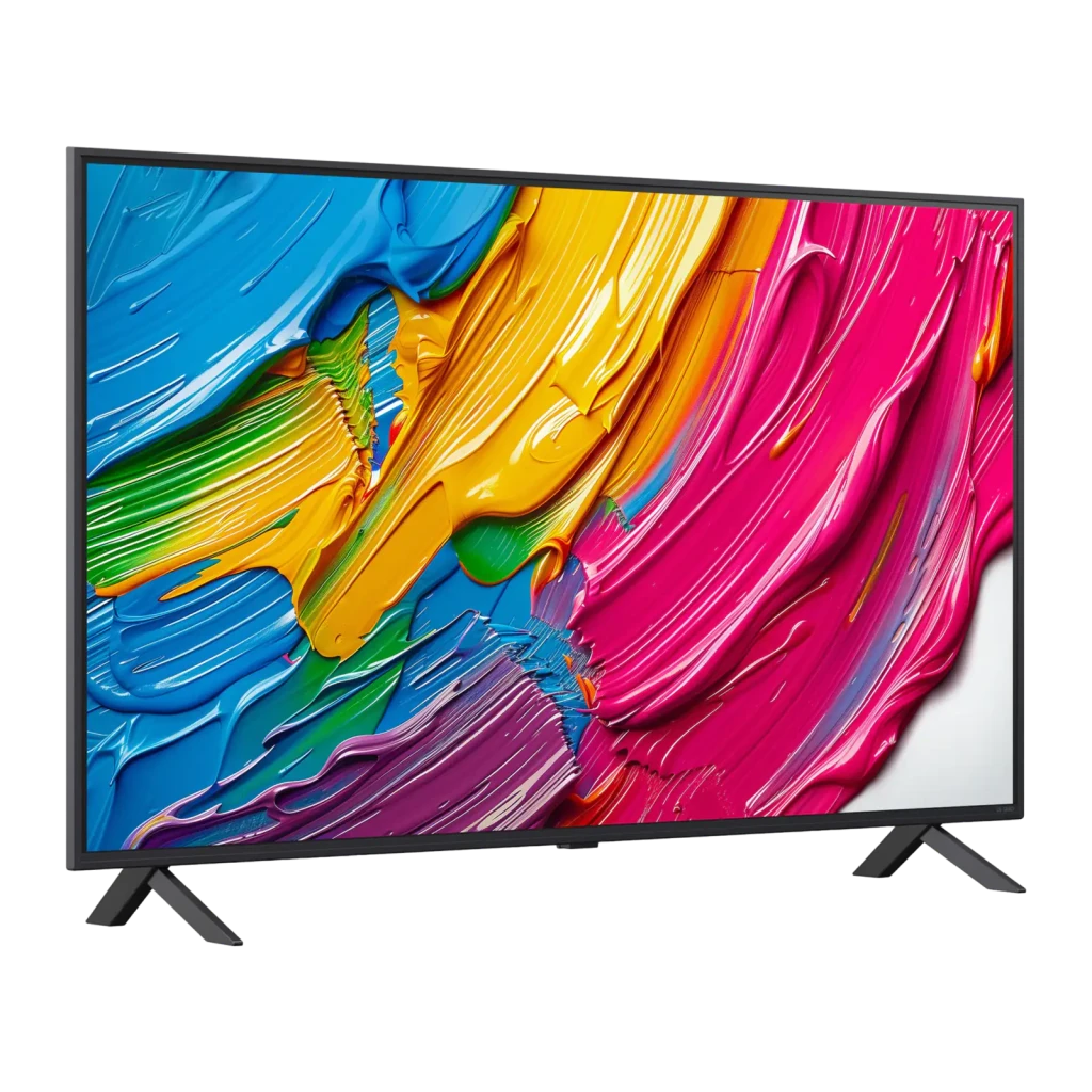 Televisor LG 50QNED80A6A de 50 pulgadas con pantalla QNED 4K, biseles delgados, soporte de dos patas y colores vivos en panel; WebOS 25, 60Hz