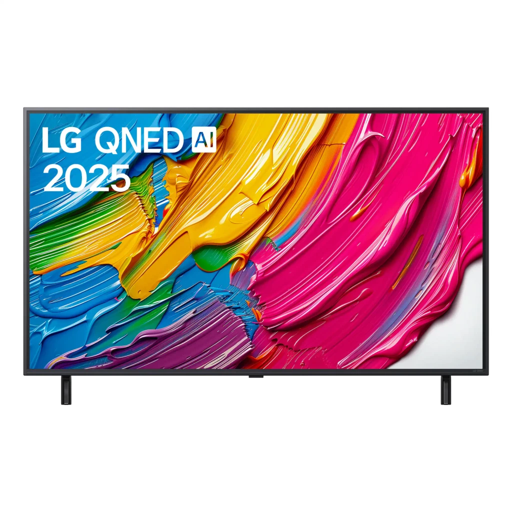 Televisor LG 50QNED80A6A de 50 pulgadas con pantalla QNED 4K, marcos delgados y dos patas metálicas; interfaz WebOS 25 y frecuencia de 60 Hz