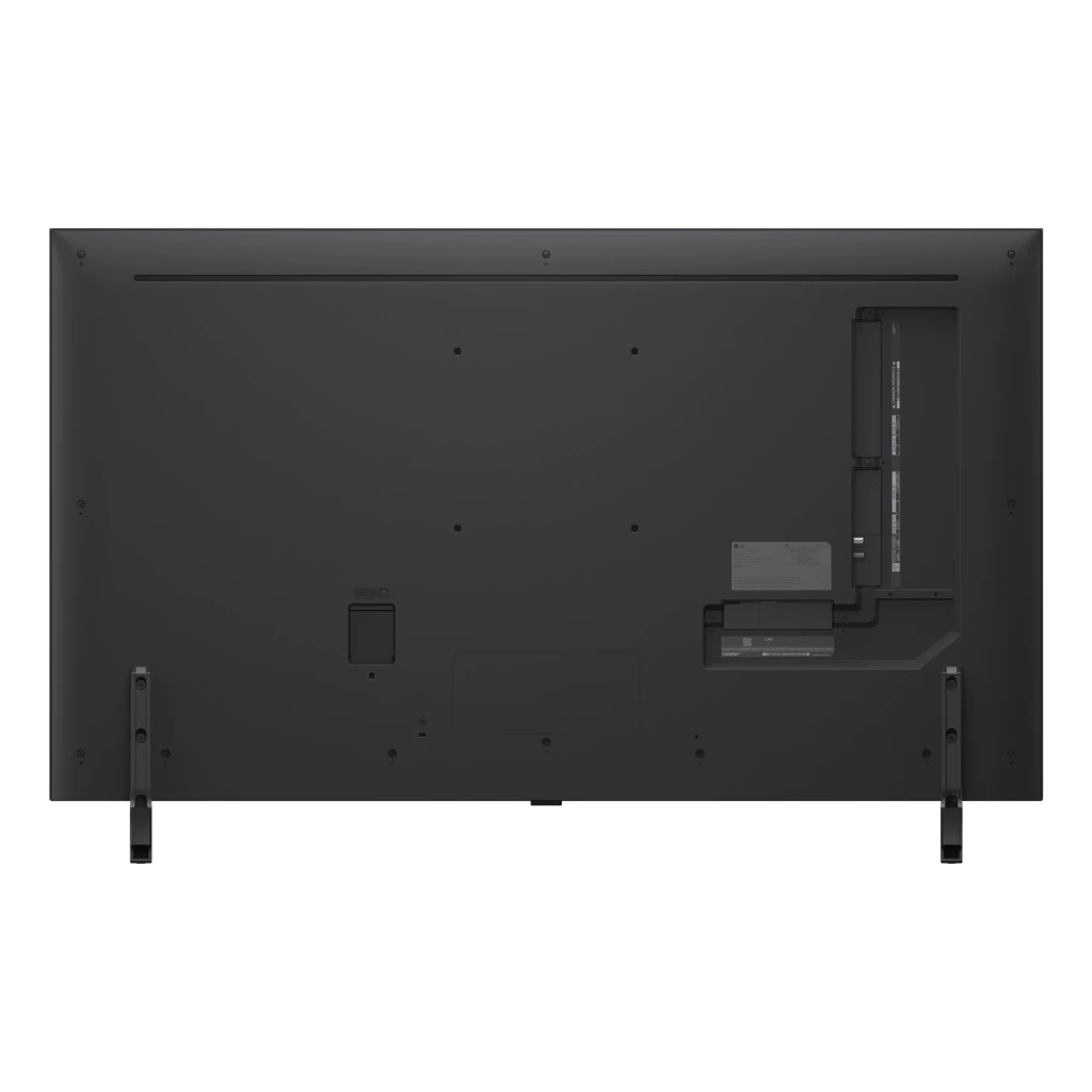 Parte trasera del Televisor LG 50QNED80A6A: panel negro con puertos laterales, tapa de conexiones a la derecha, patas metálicas separadas y gestión de cables