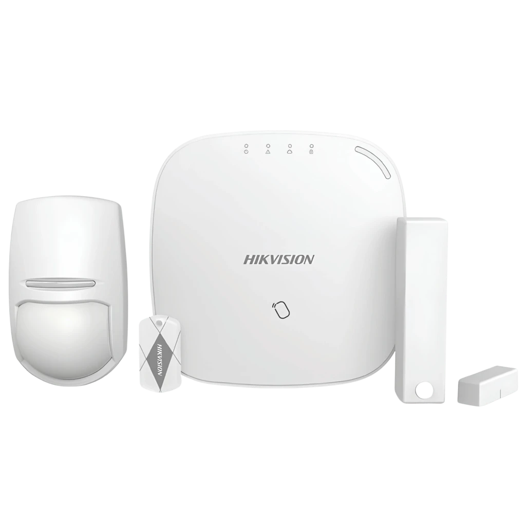 Kit AXHub HIKVISION HIK-196: central blanca con LEDs, sensor PIR, contacto magnético y llavero; diseño minimalista para alarma 32 zonas 868MHz WiFi LAN 4G