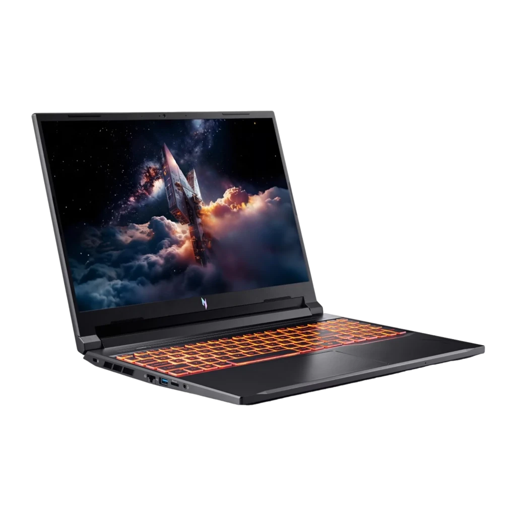 Acer NITRO V 16 AI ANV16-42 512GB negro, vista frontal 3/4 izquierda: pantalla con escena espacial y teclado retroiluminado