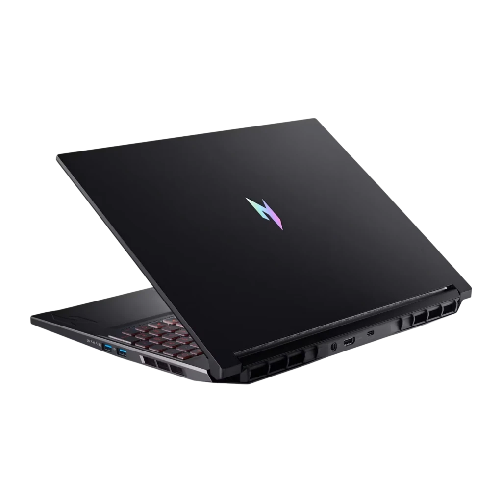 Acer NITRO V 16 AI ANV16-42 512GB negro, vista trasera 3/4: tapa con logo Nitro RGB, rejillas de ventilación y puertos