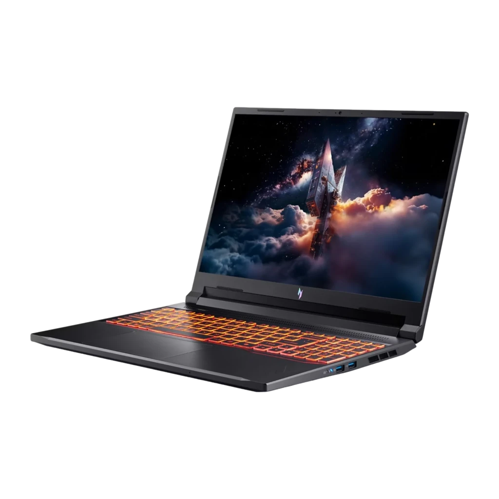 Acer NITRO V 16 AI ANV16-42 512GB negro, vista frontal 3/4 derecha: pantalla con escena espacial, teclado naranja y puertos