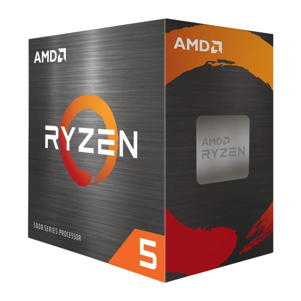 AMD Ryzen 5 5600, caja en perspectiva: packaging gris con logo Ryzen naranja y número 5 en esquina