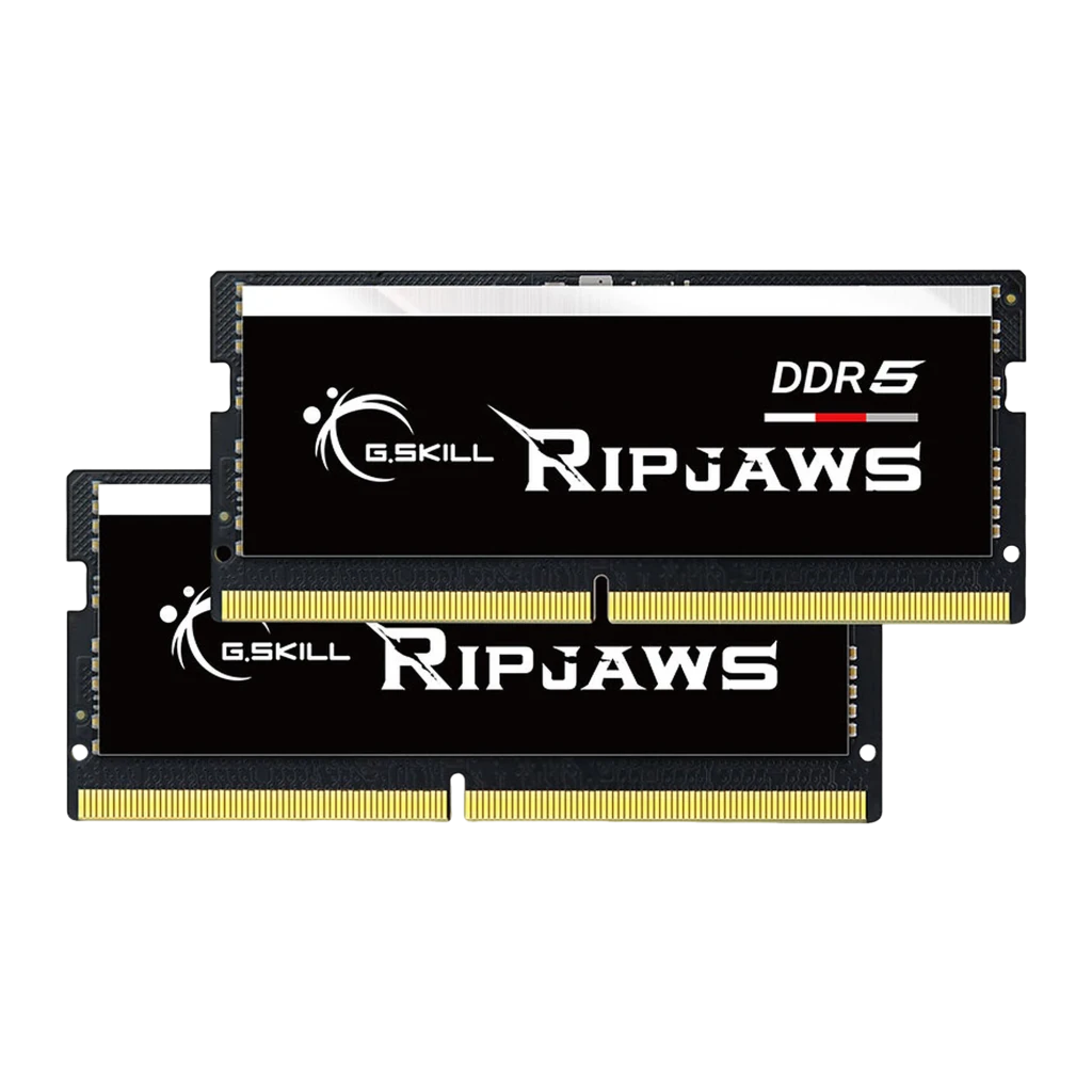 G.Skill Ripjaws DDR5 32GB negro, vista frontal: kit 2x SO-DIMM apiladas, etiqueta DDR5 y conectores dorados visibles