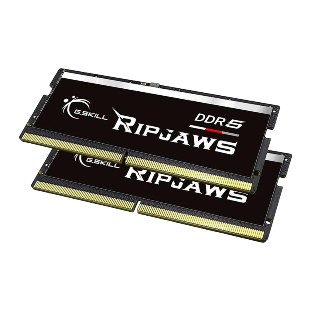 G.Skill Ripjaws DDR5 32GB preto, vista lateral-frontal: kit 2x SO-DIMM sobrepostas mostrando espessura e borda superior