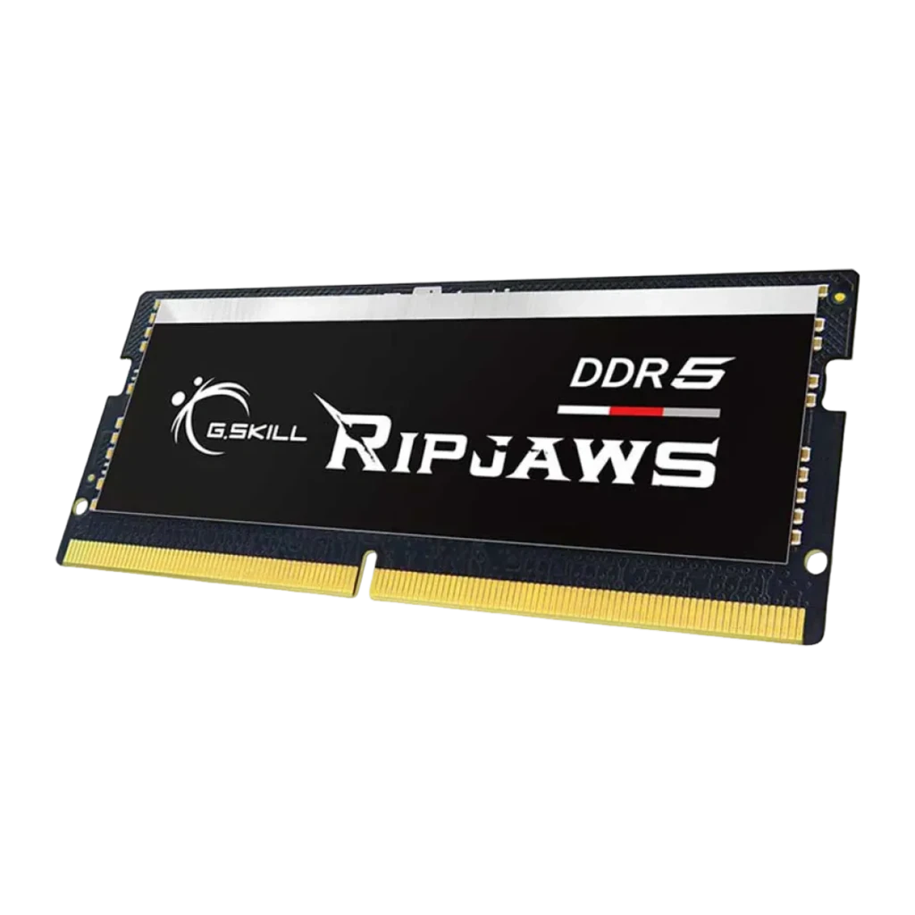 G.Skill Ripjaws DDR5 32GB preto, vista individual em ângulo: um único SO-DIMM, dissipador preto, conectores dourados e logo