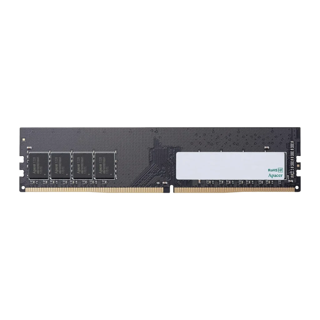 Apacer DDR4 3200 8GB, vista frontal ampliada: PCB gris oscuro con 4 chips visibles y etiqueta Apacer