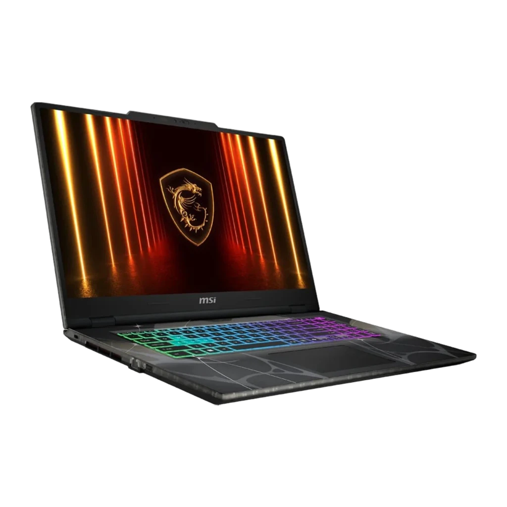 MSI Cyborg 17 B13WFKG 1TB negro translúcido, vista frontal izquierda: pantalla con logo dragón, teclado RGB y chasis con