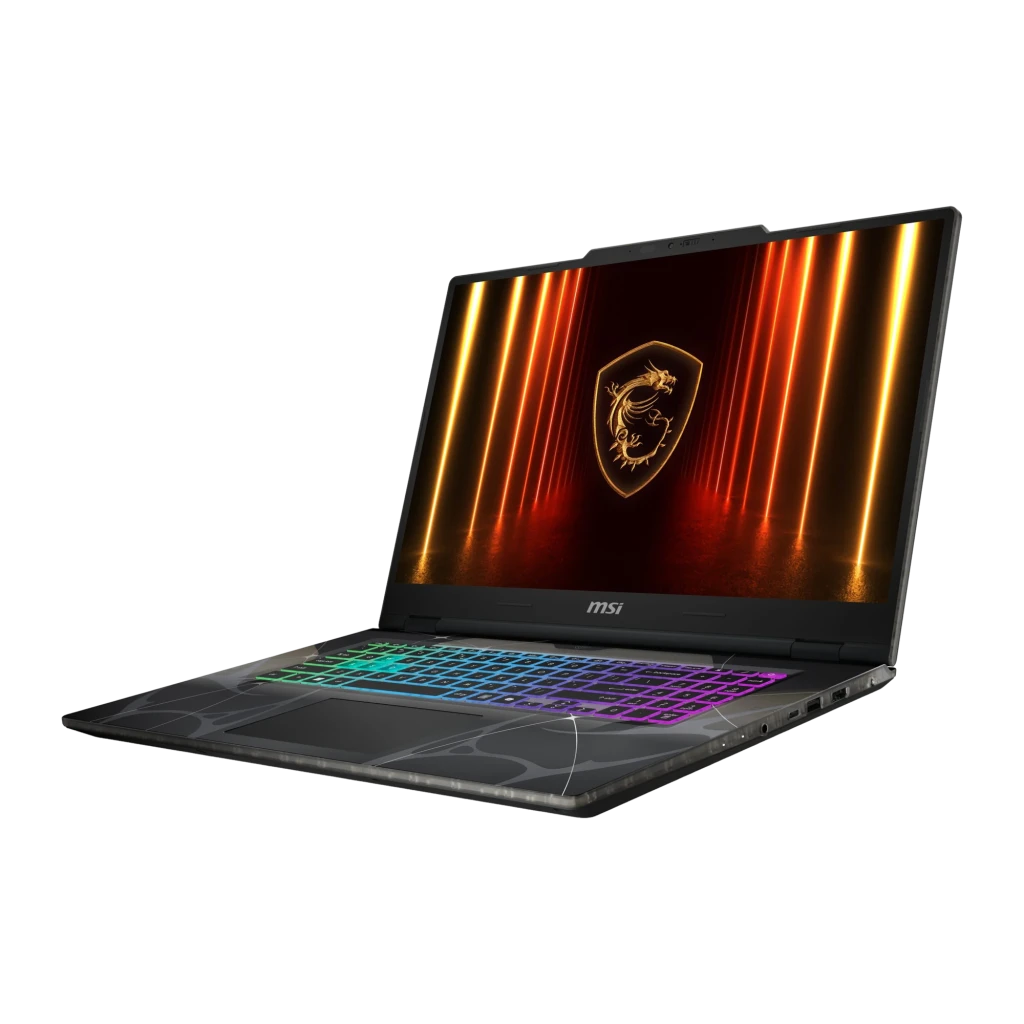 MSI Cyborg 17 B13WFKG 1TB negro translúcido, vista frontal derecha: puertos laterales visibles, teclado RGB y pantalla con