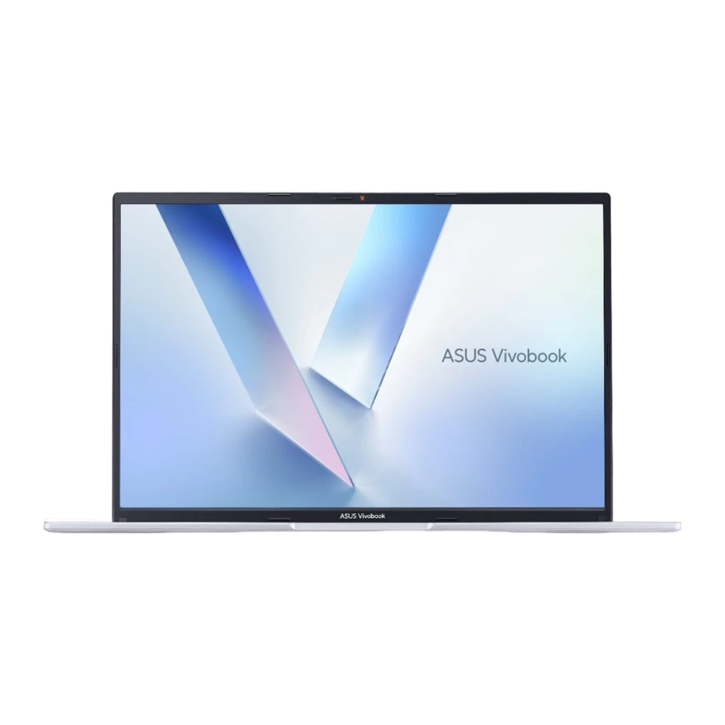 ASUS Vivobook 16 OLED 512GB argenté, vue de face: écran OLED allumé avec logo Vivobook et cadre argenté