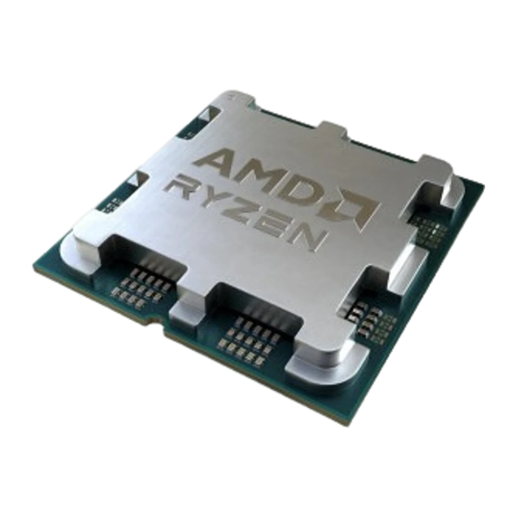 AMD Procesador Ryzen 7 7800X3D, vista superior en perspectiva: IHS plateado con logo AMD Ryzen y PCB verde con pines de