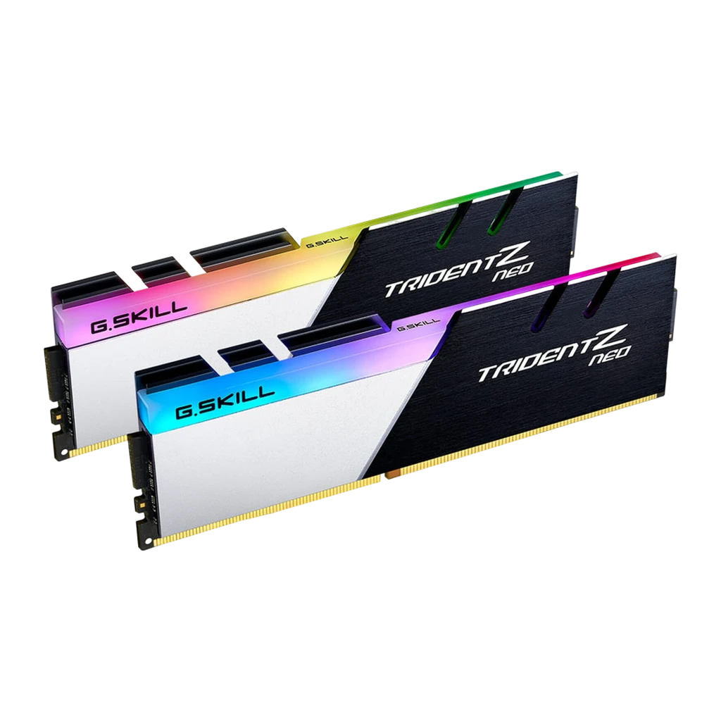 G.Skill TridentZ Neo 32GB DDR4 negro plata, vista en ángulo: dos módulos DIMM apilados con iluminación RGB multicolor