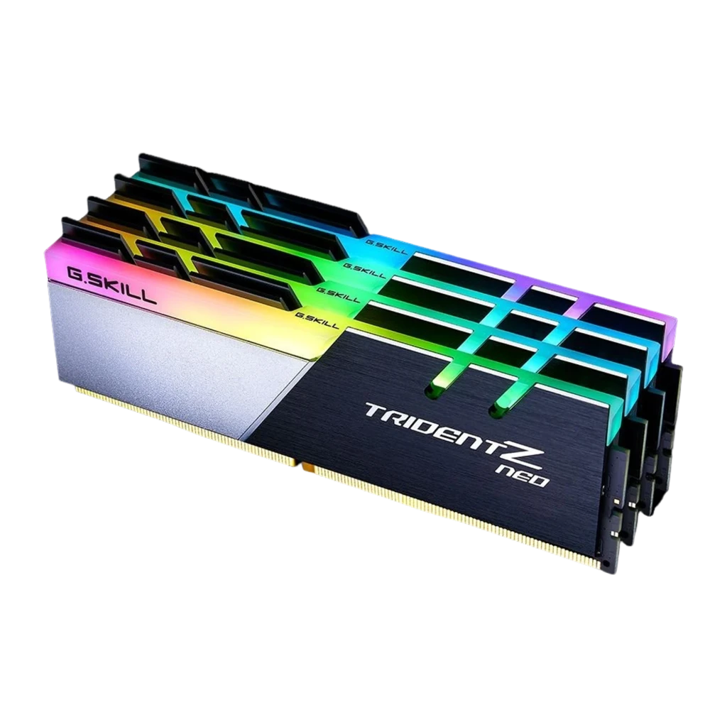 G.Skill TridentZ Neo 32GB DDR4 negro plata, vista en ángulo: cuatro módulos DIMM con iluminación RGB intensa en los dientes
