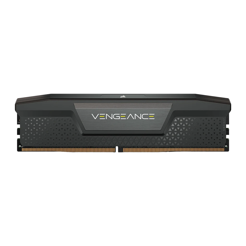 Corsair Vengeance RGB DDR5 6000 MT/s 16GB Gris, vista frontal: disipador gris con logo Vengeance y patrón triangular